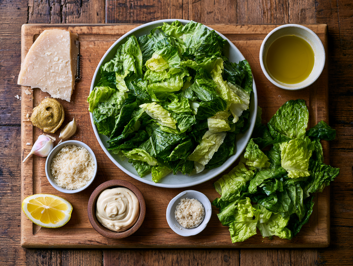 Italian Caesar Salad ingredients flat lay