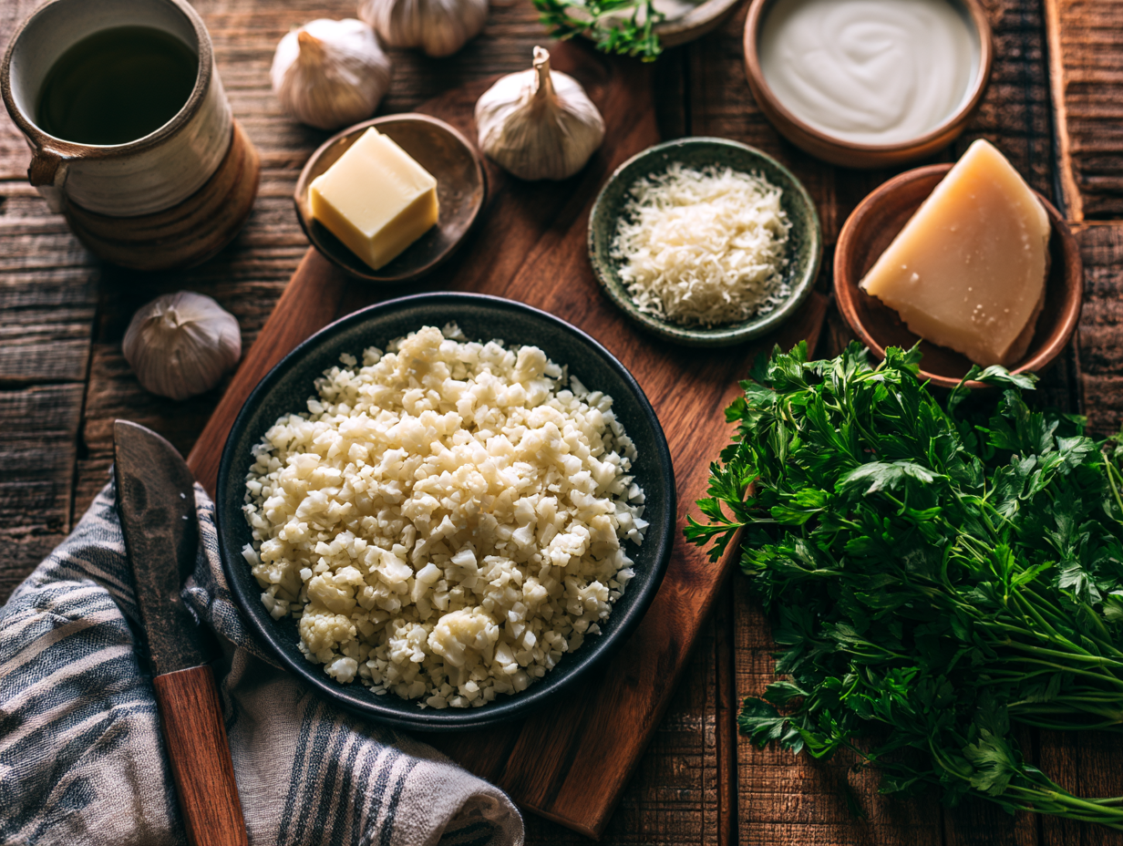 Italian Cauliflower Risotto ingredients flat lay