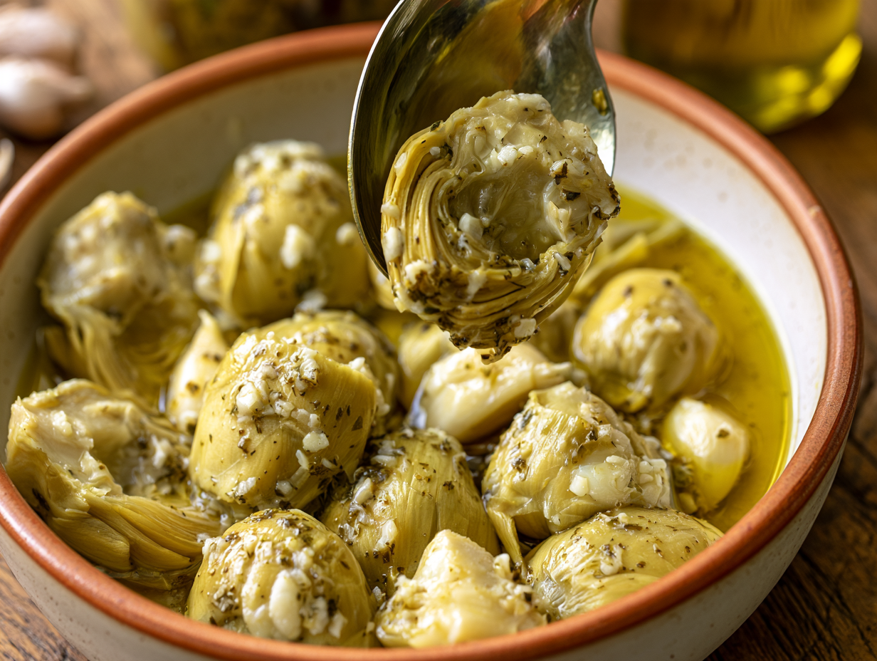 Italian Marinated Artichokes being tossed