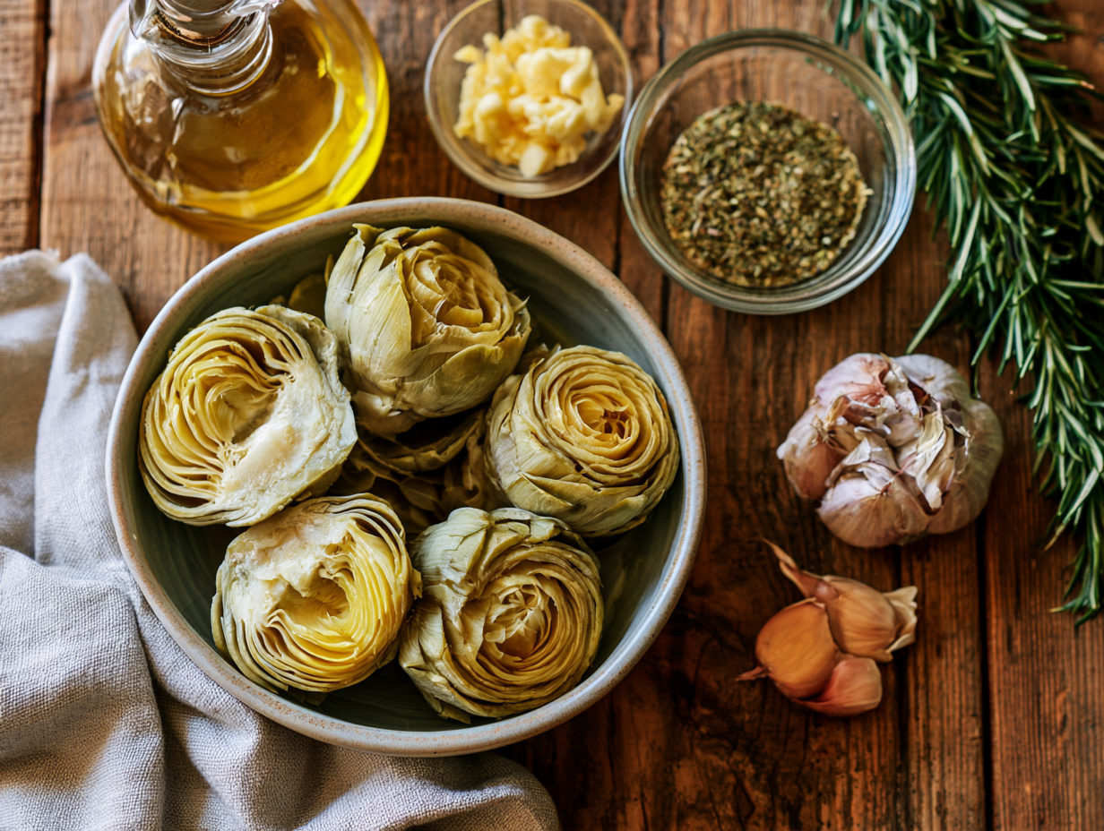 Italian Marinated Artichokes ingredients flat lay