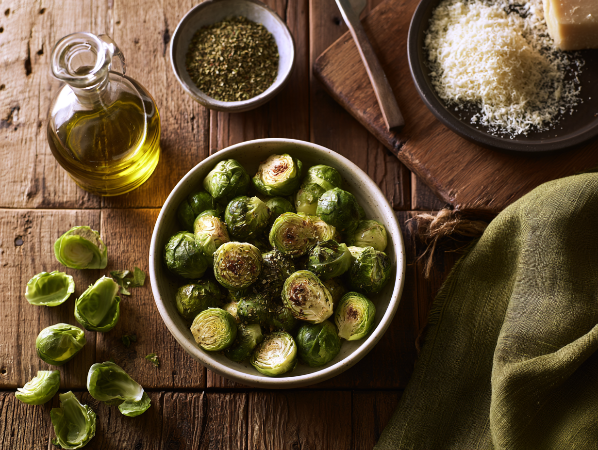 Italian Roasted Brussels Sprouts ingredients flat lay