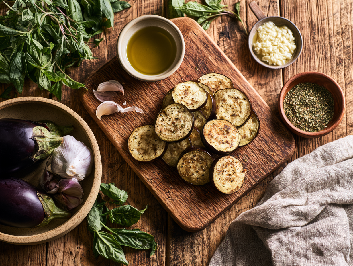 Italian Roasted Eggplant ingredients flat lay