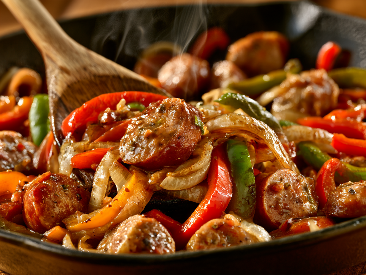 Italian Sausage with Peppers and Onions in a skillet