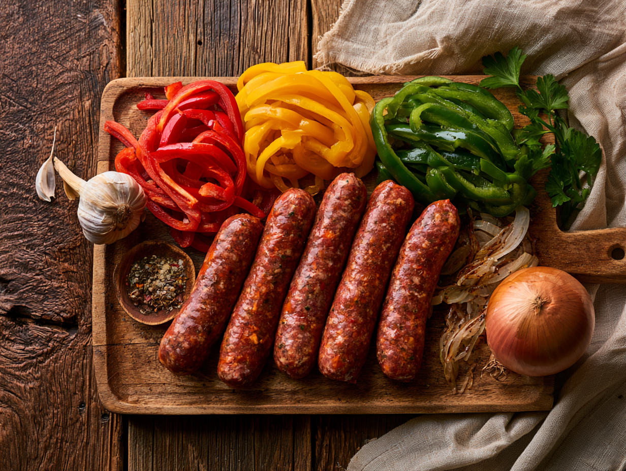 Italian Sausage with Peppers and Onions ingredients flat lay