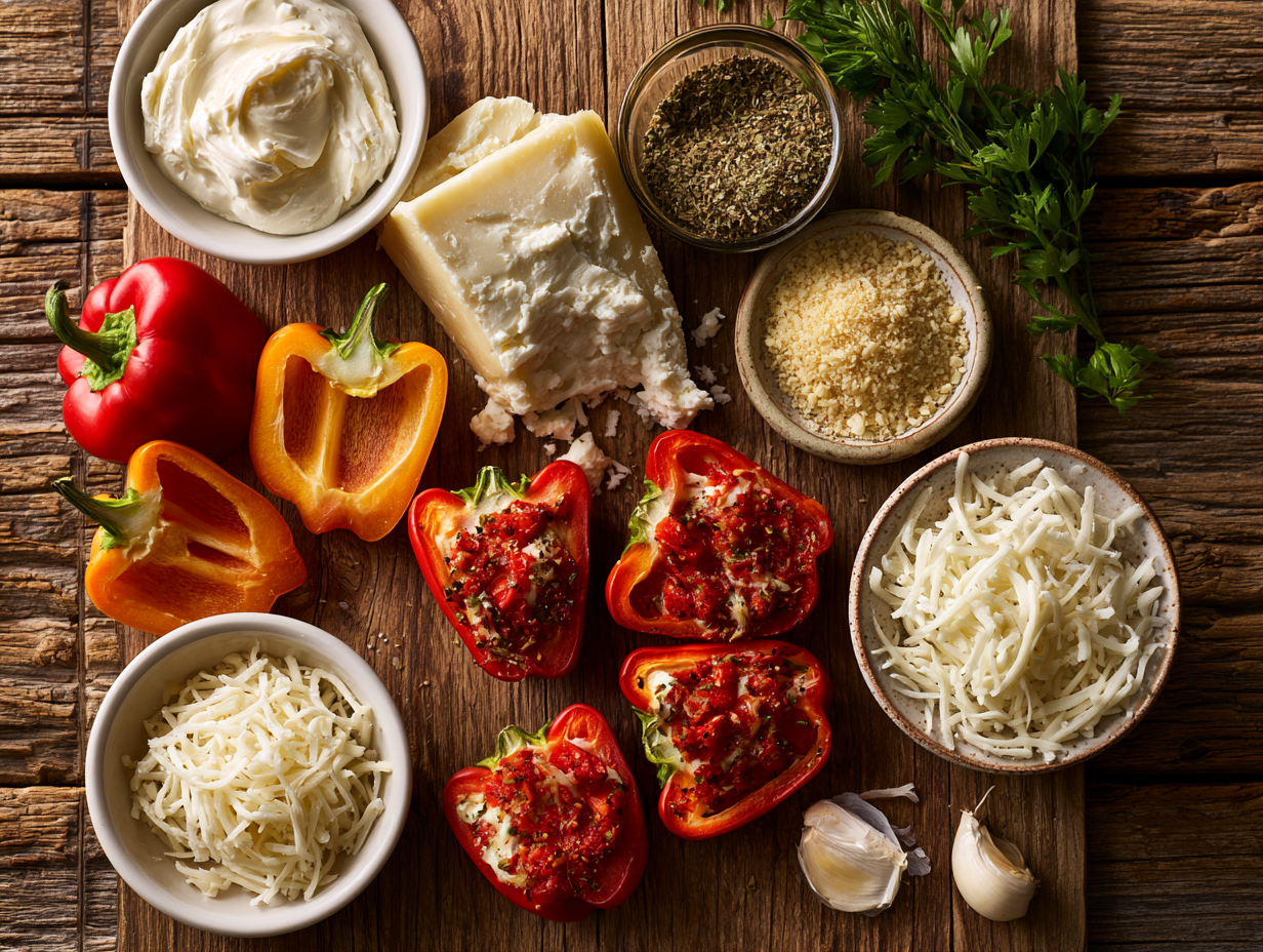 Italian Stuffed Mini Peppers ingredients flat lay