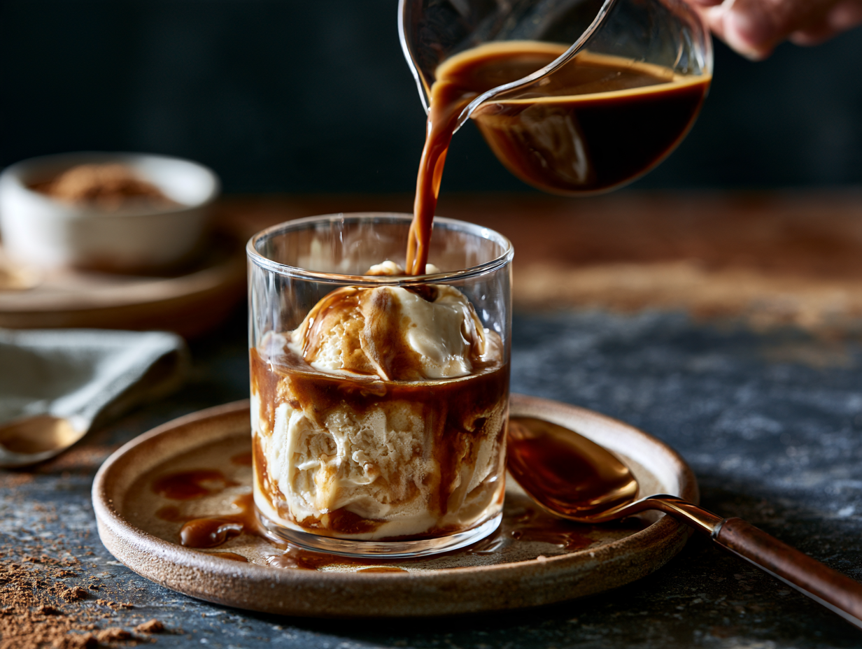 Keto Affogato espresso poured over vanilla gelato