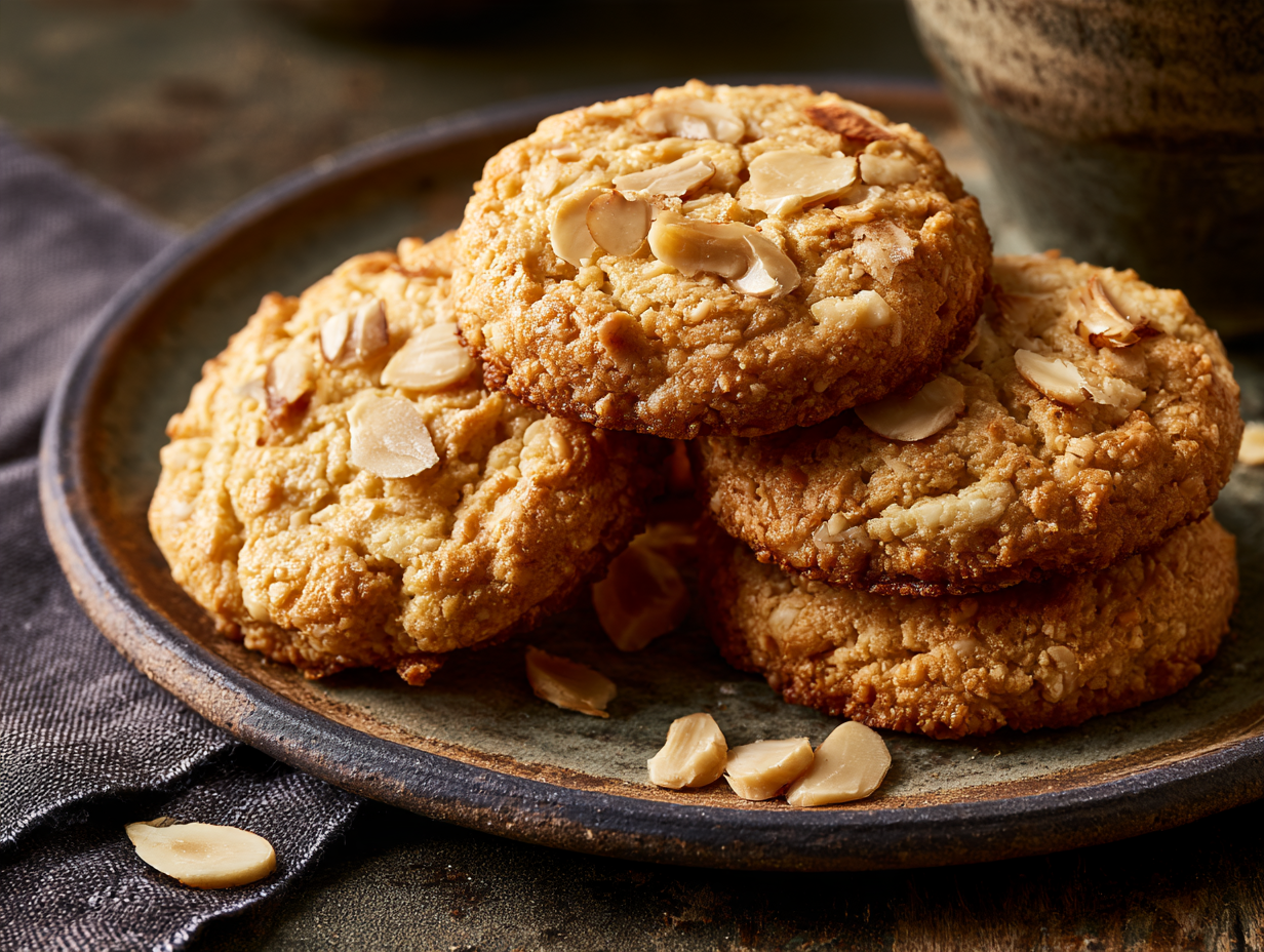 Keto Almond Cookies stacked on a plate