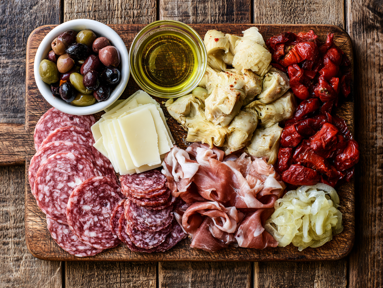 Keto Antipasto Platter ingredients flat lay