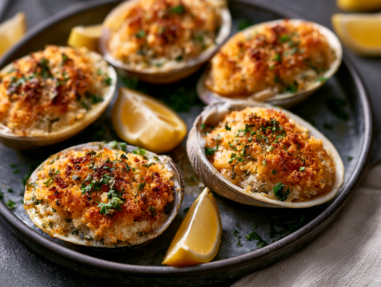 Keto Baked Clams golden with lemon wedges