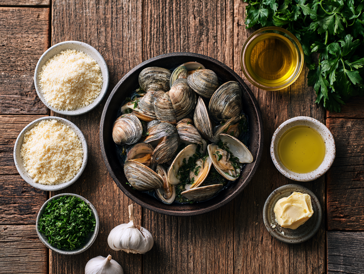 Keto Baked Clams ingredients flat lay