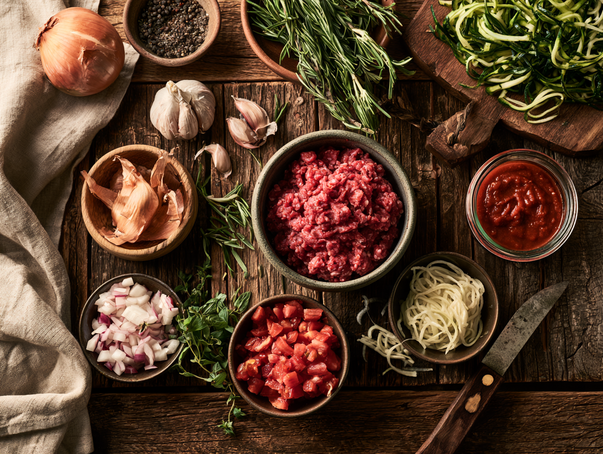 Keto Bolognese ingredients flat lay
