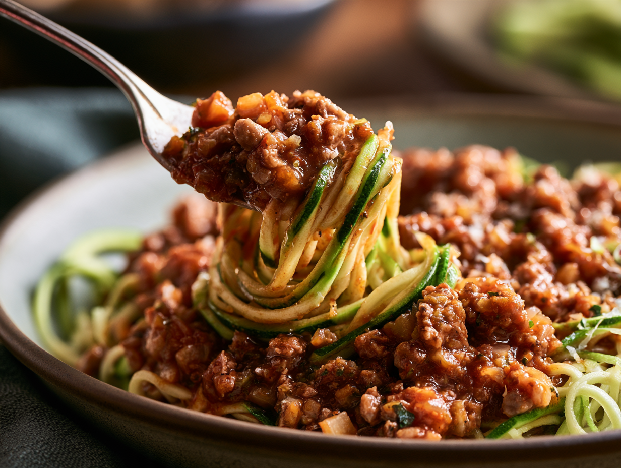 Keto Bolognese sauce spooned over zucchini noodles