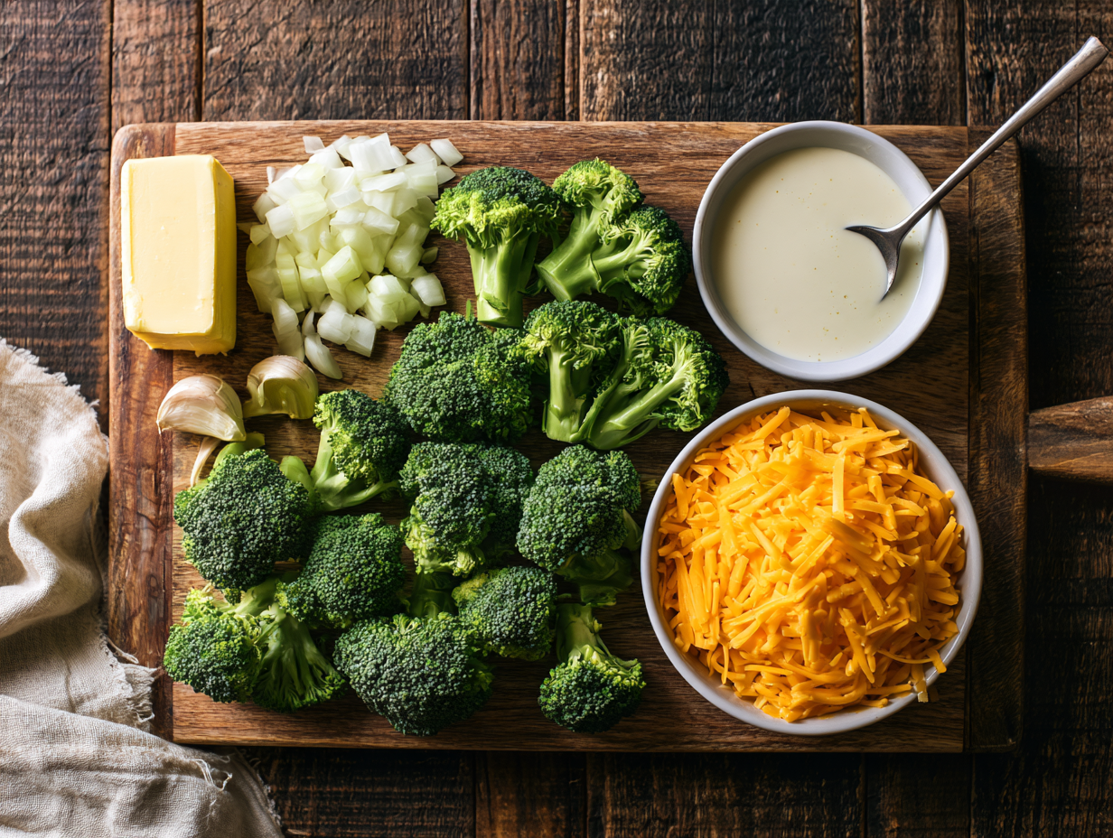 Keto Broccoli Cheese Soup ingredients flat lay