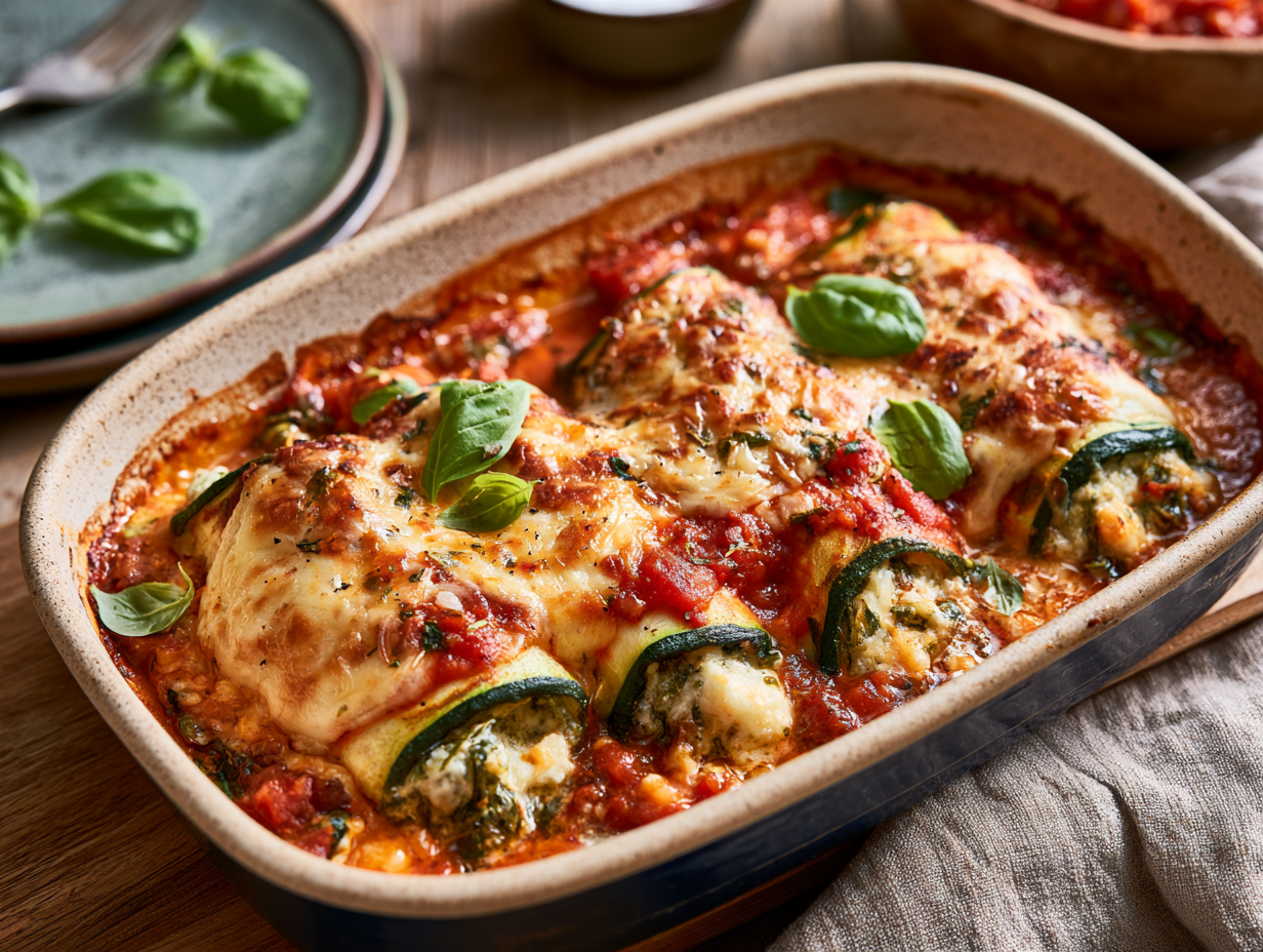 Keto Cannelloni baked with melted mozzarella and marinara