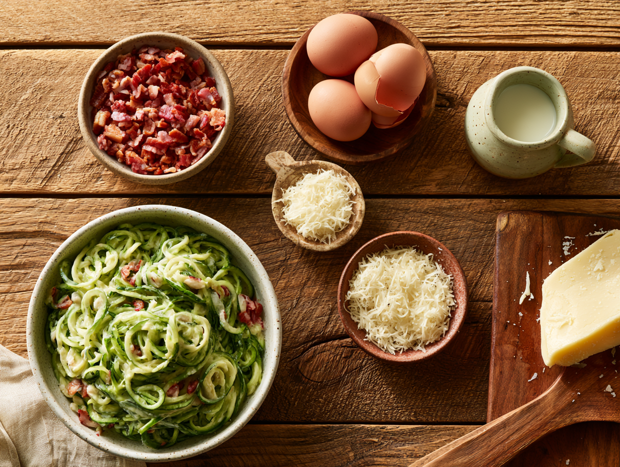 Keto Carbonara ingredients flat lay
