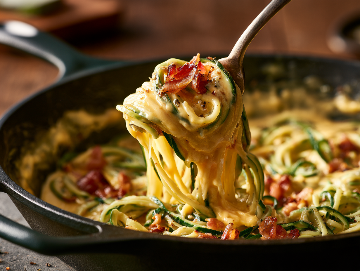 Keto Carbonara zoodles tossed with creamy egg sauce and bacon