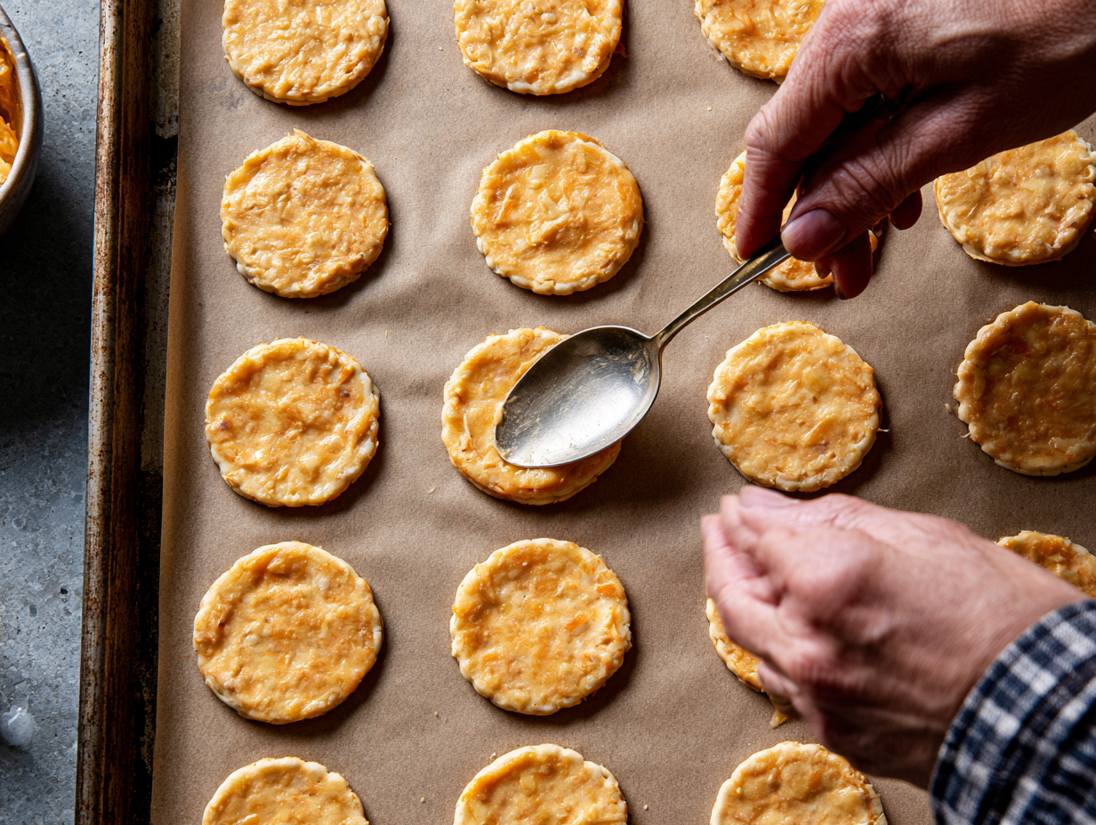 Keto Cheese Crackers being flattened