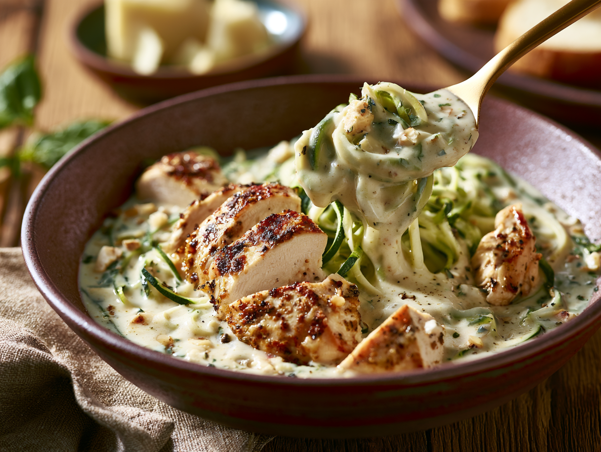 Keto Chicken Alfredo being tossed with sauce