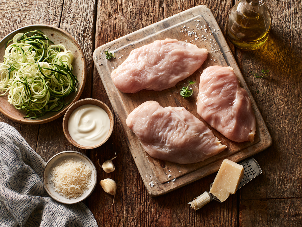 Keto Chicken Alfredo ingredients flat lay