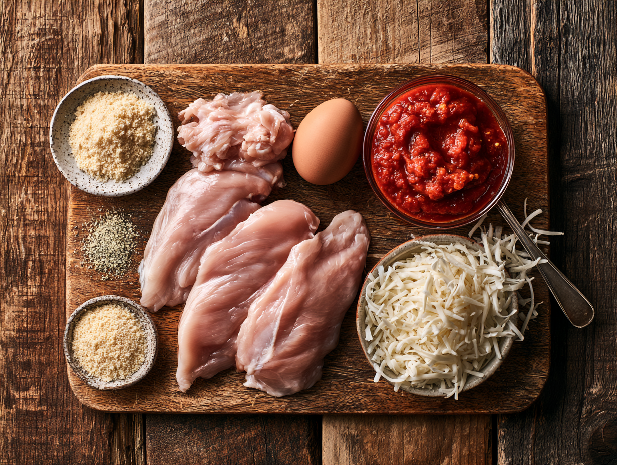 Keto Chicken Parmesan ingredients flat lay