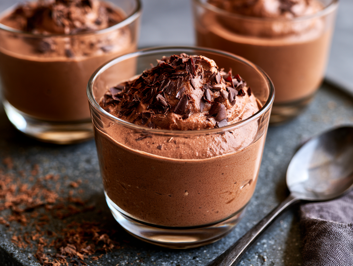 Keto Chocolate Mousse topped with chocolate shavings