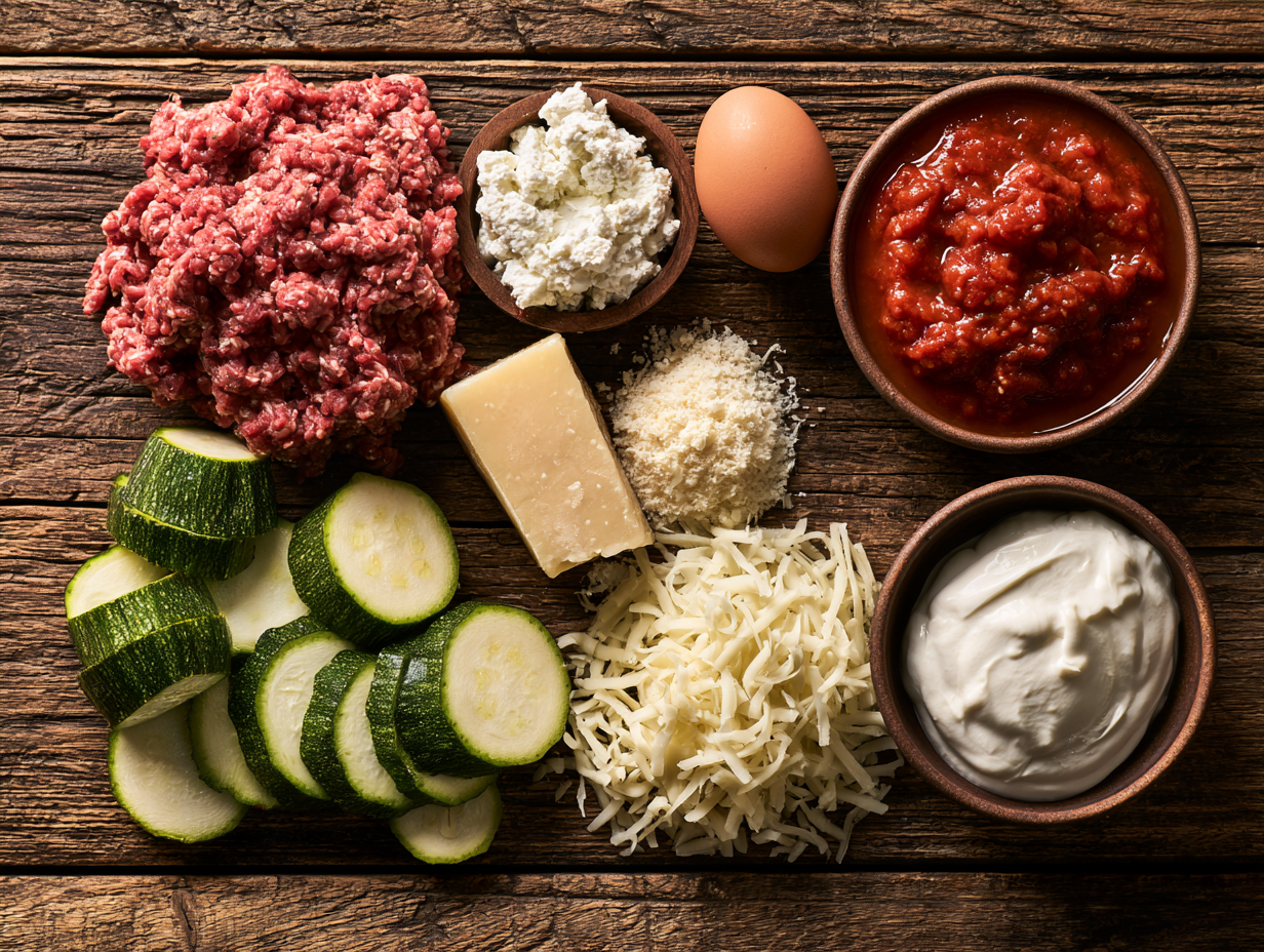 Keto Christmas Lasagna ingredients flat lay