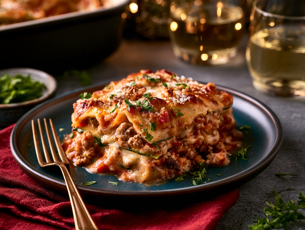 Keto Christmas Lasagna sliced showing layered interior