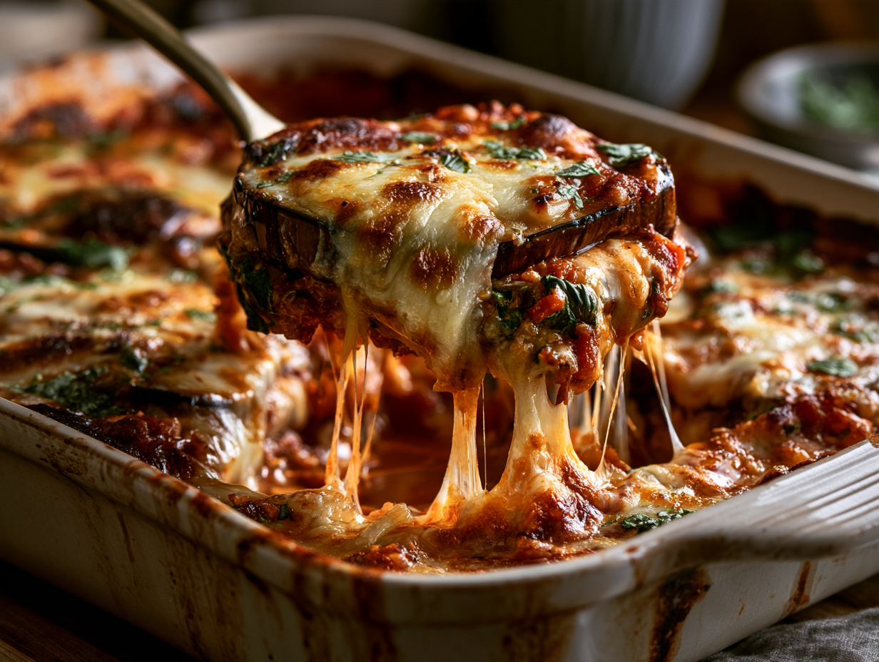 Keto Eggplant Parmesan baked bubbling with melted cheese