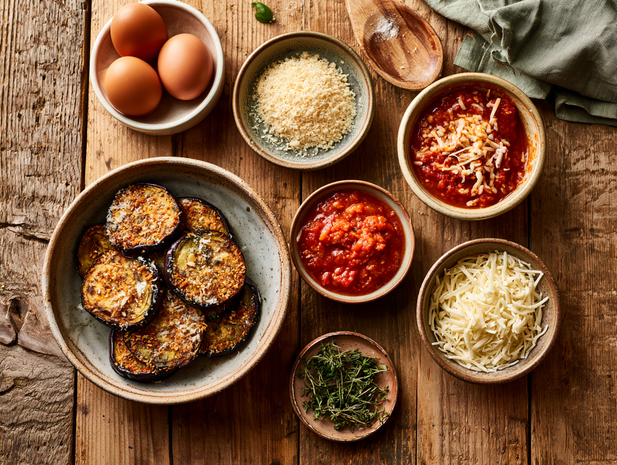 Keto Eggplant Parmesan ingredients flat lay