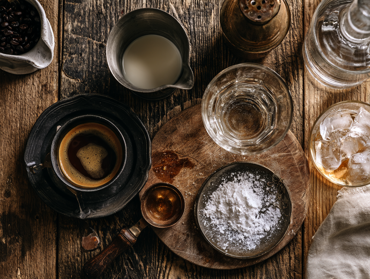 Keto Espresso Martini ingredients flat lay