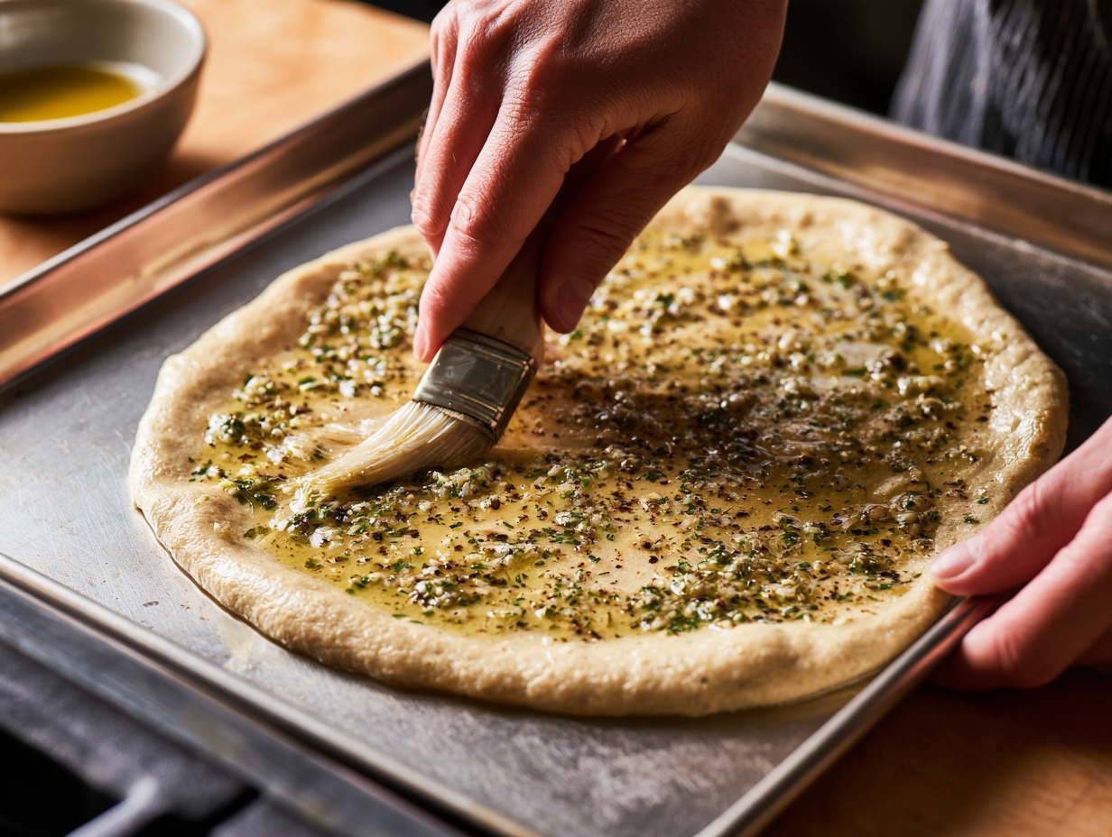 Keto Garlic Bread being brushed with garlic butter