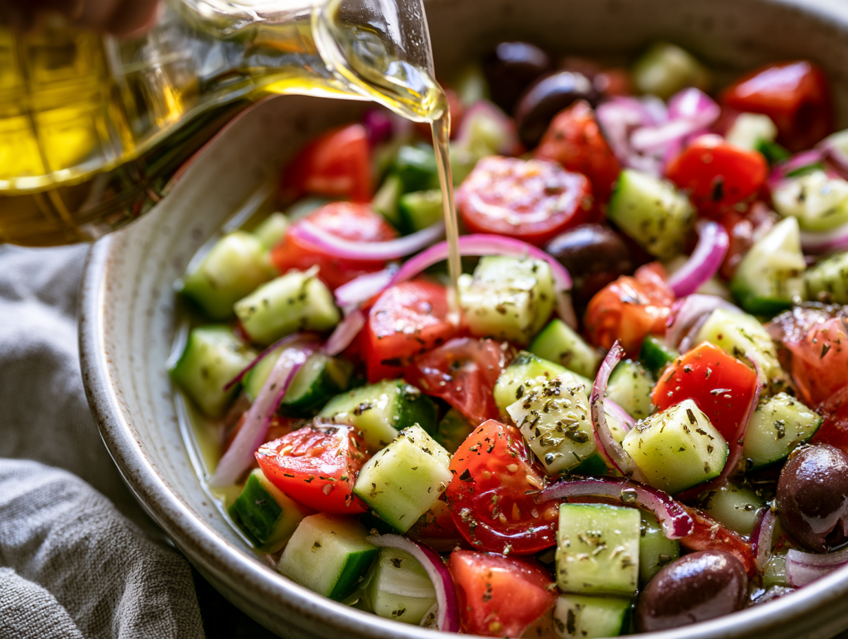 Keto Greek Salad dressing being poured