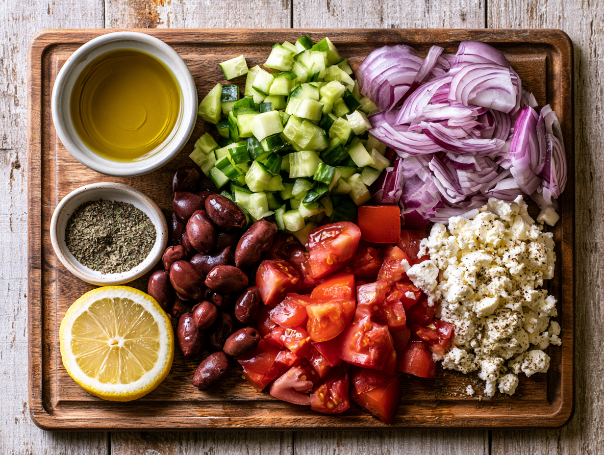 Keto Greek Salad ingredients flat lay
