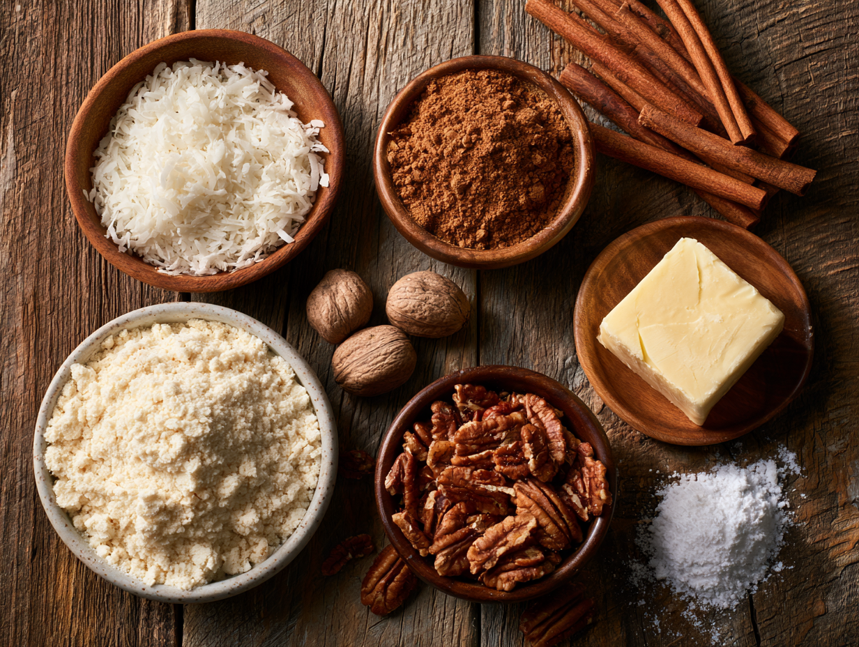 Keto Holiday Spice Bites ingredients flat lay