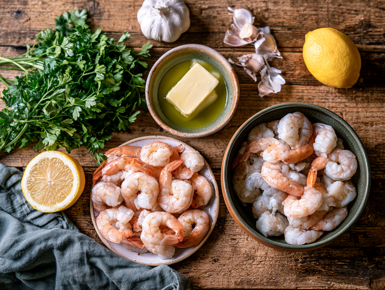 Keto Lemon Garlic Shrimp ingredients flat lay
