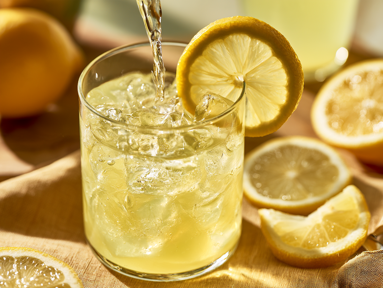 Keto Limoncello chilled over ice with lemon slices