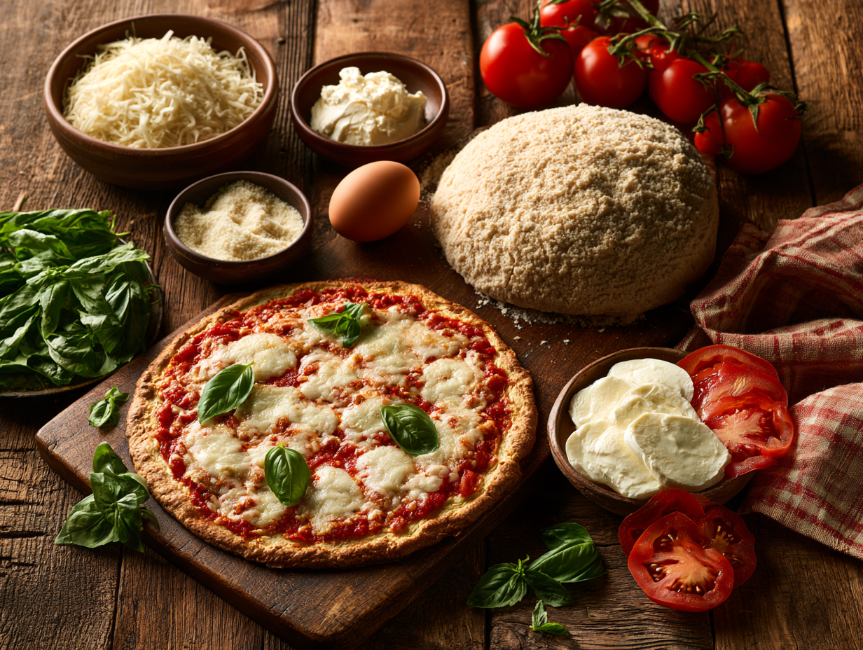 Keto Margherita Pizza ingredients flat lay
