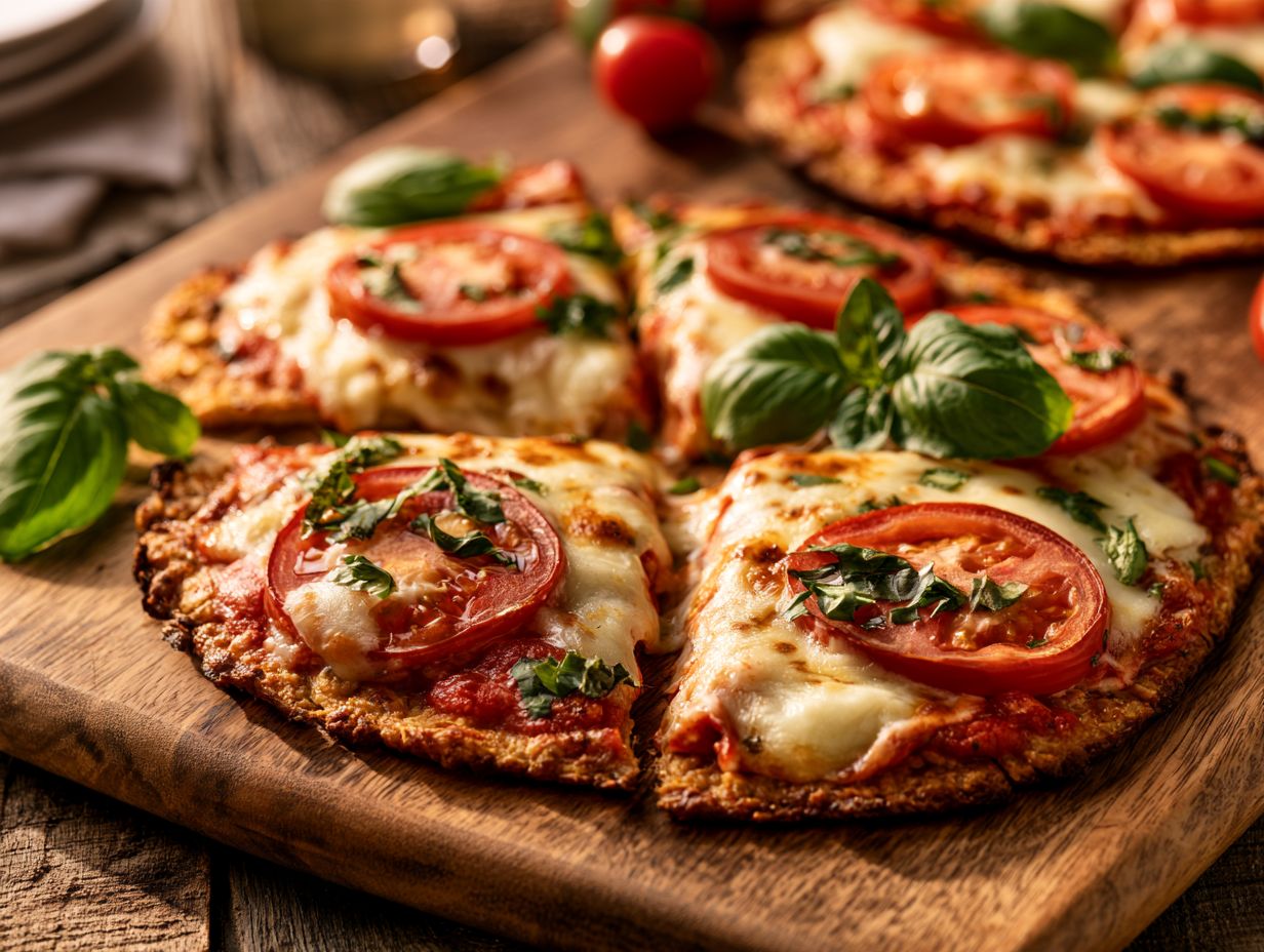 Keto Margherita Pizza sliced with melted mozzarella and tomato