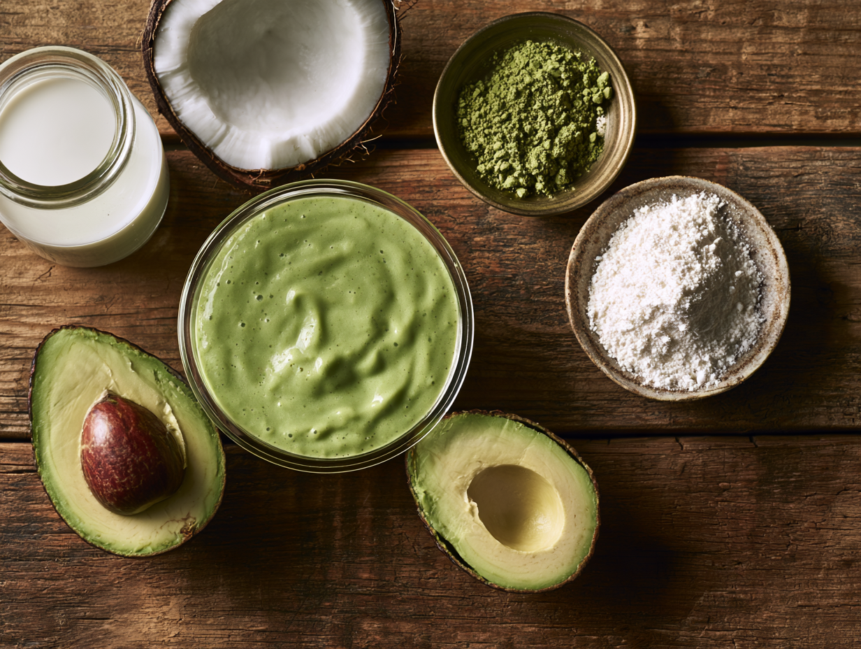 Keto Matcha Smoothie ingredients flat lay