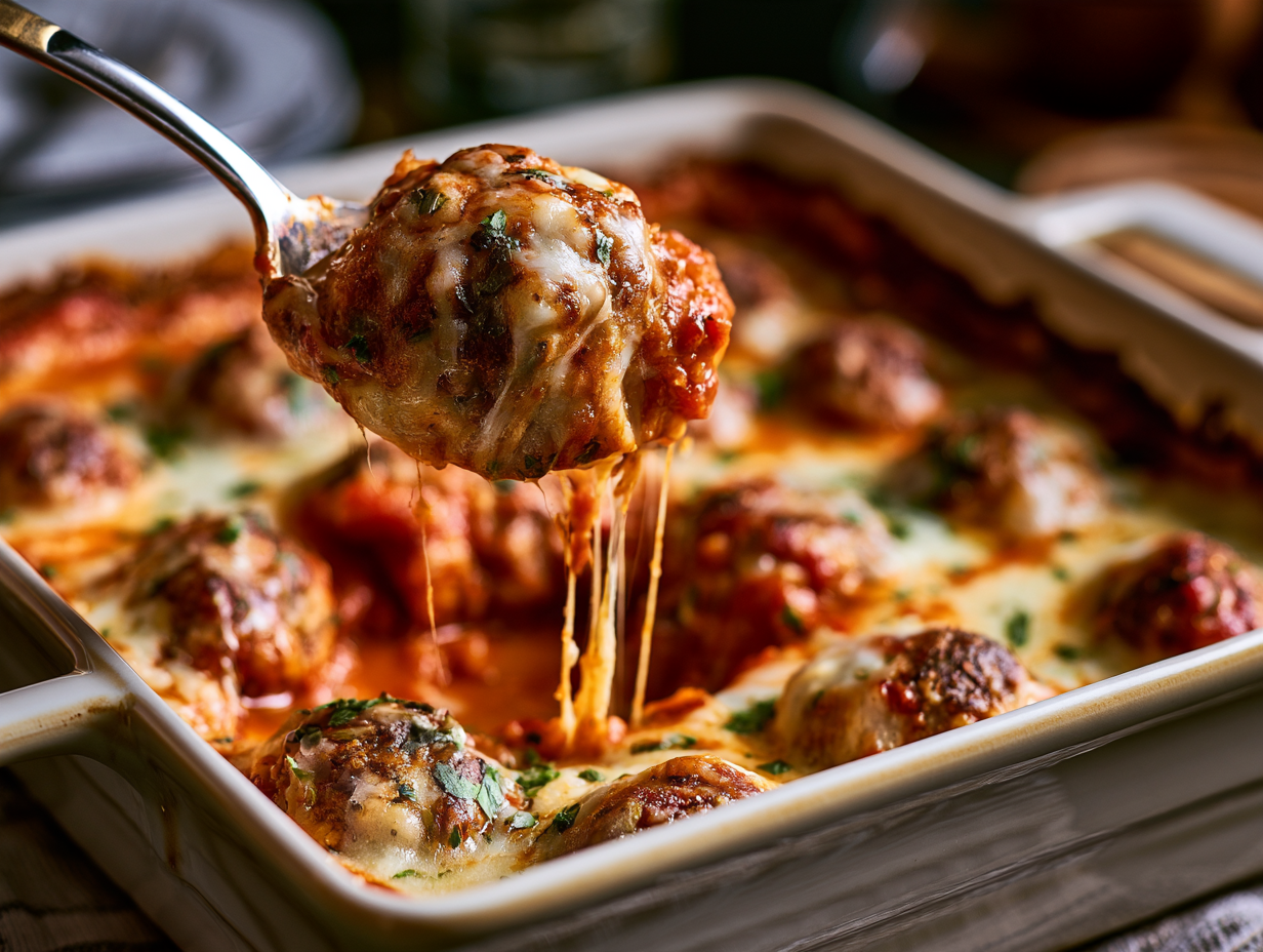 Keto Meatball Casserole baked with melted mozzarella