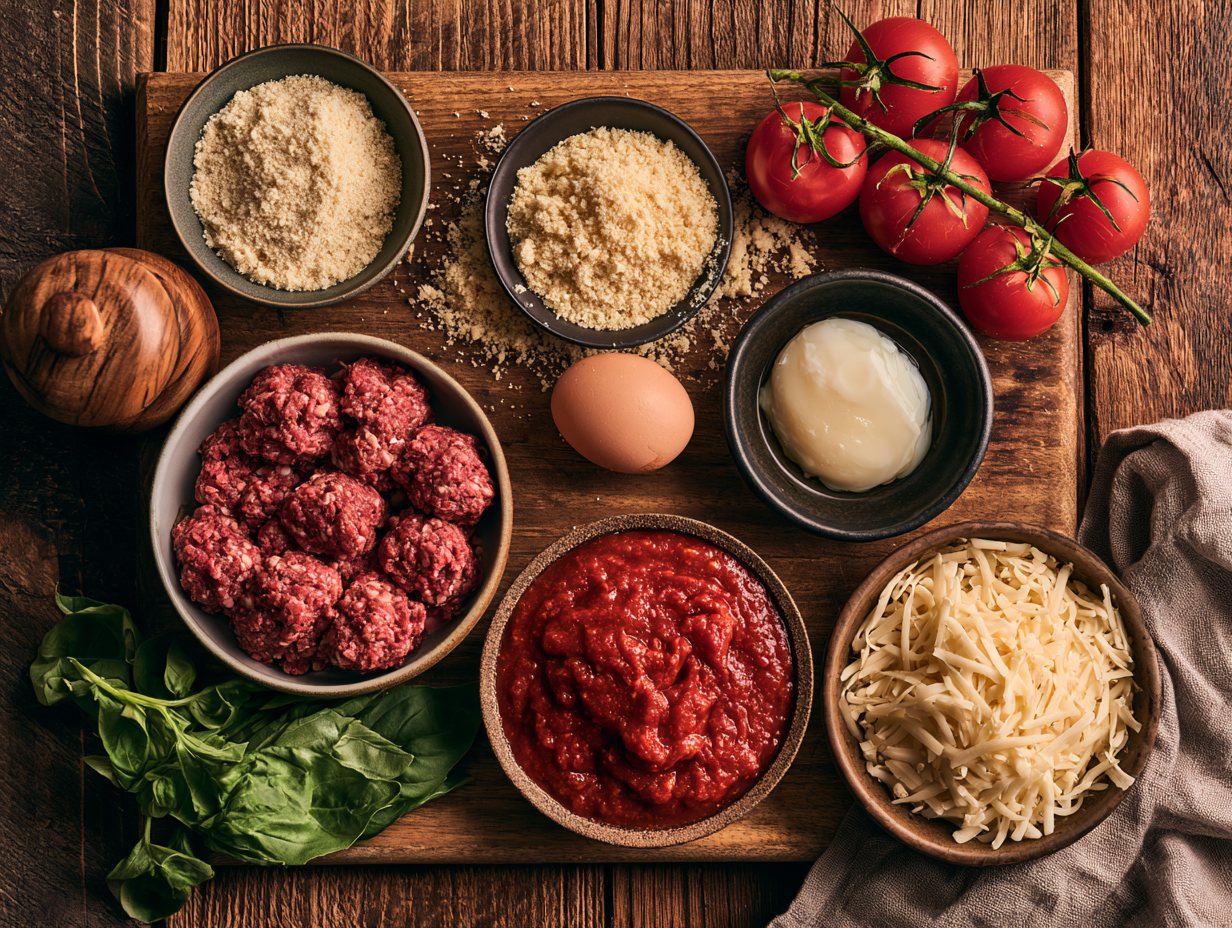 Keto Meatball Casserole ingredients flat lay