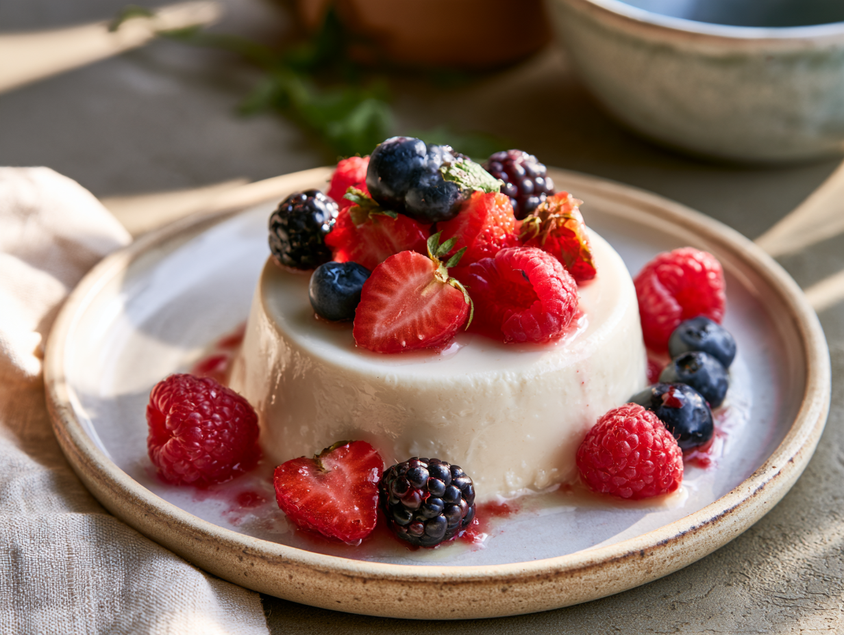 Keto Panna Cotta topped with fresh berries