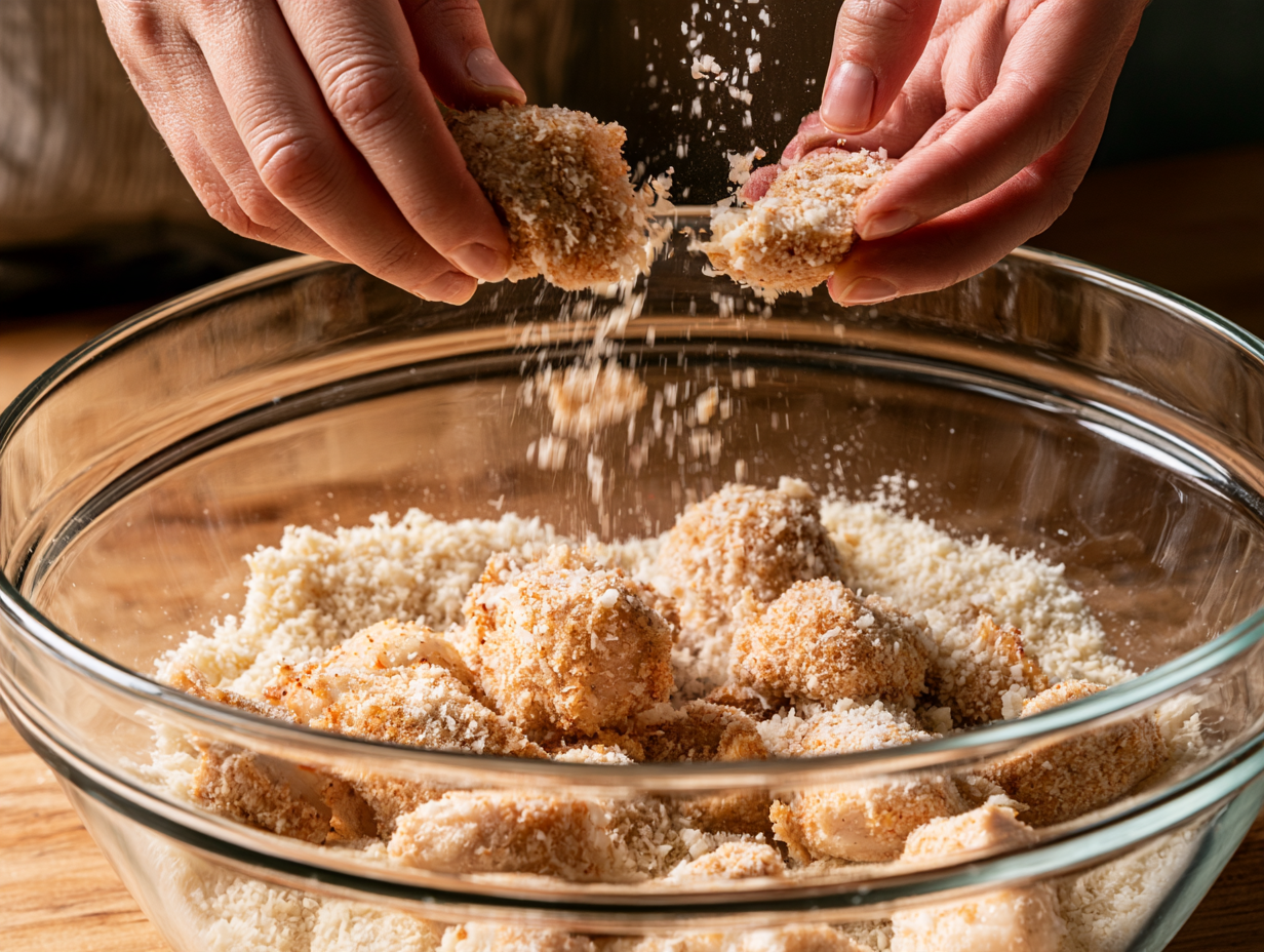 Keto Parmesan Chicken Bites being coated
