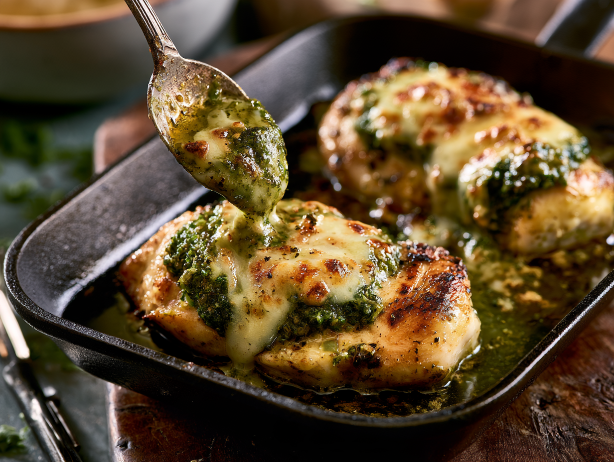 Keto Pesto Chicken baked with melted parmesan