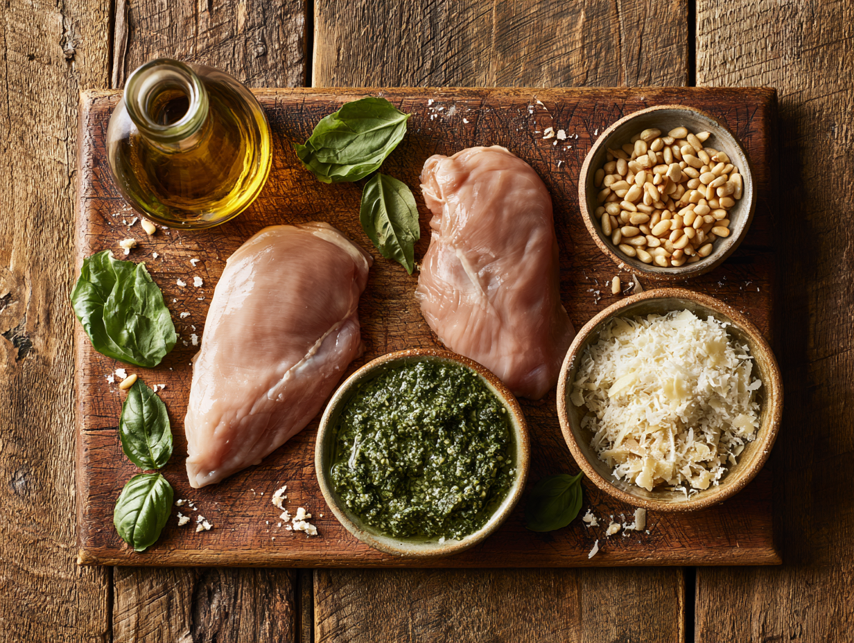Keto Pesto Chicken ingredients flat lay