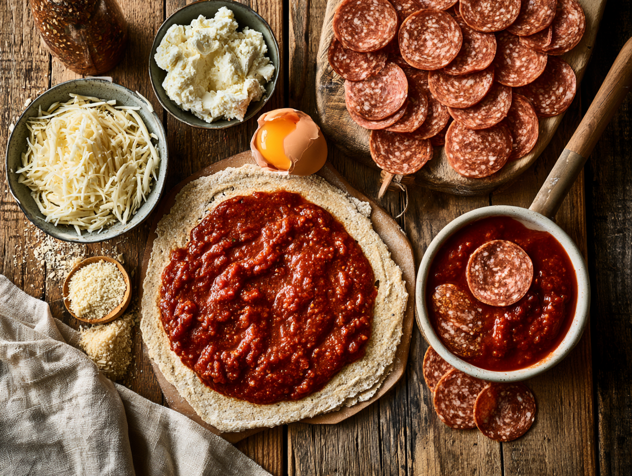 Keto Pizza ingredients flat lay