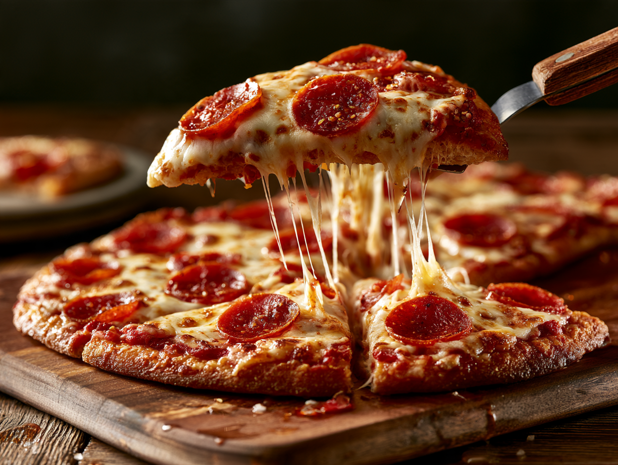 Keto Pizza sliced with melted cheese and pepperoni