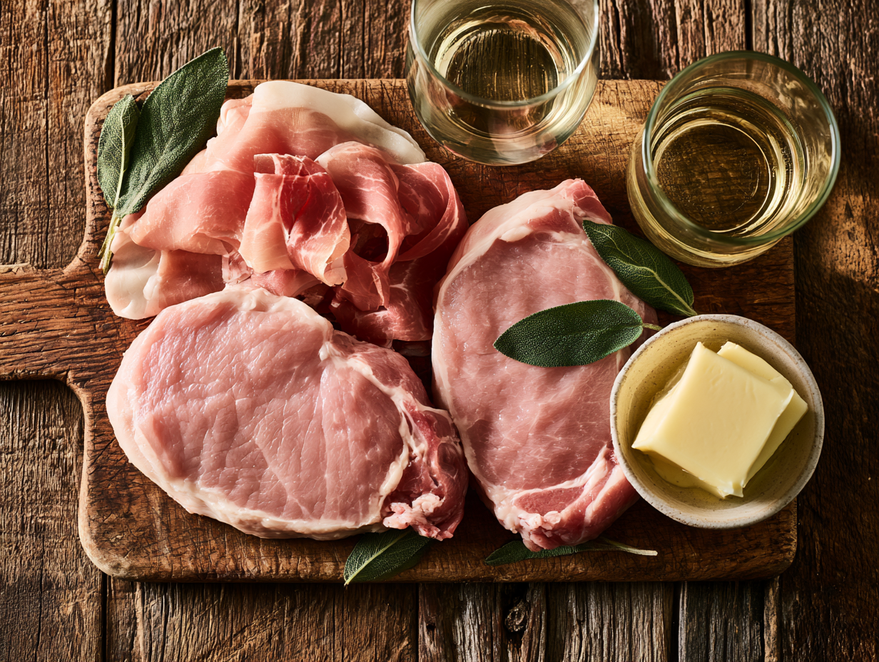 Keto Pork Saltimbocca ingredients flat lay