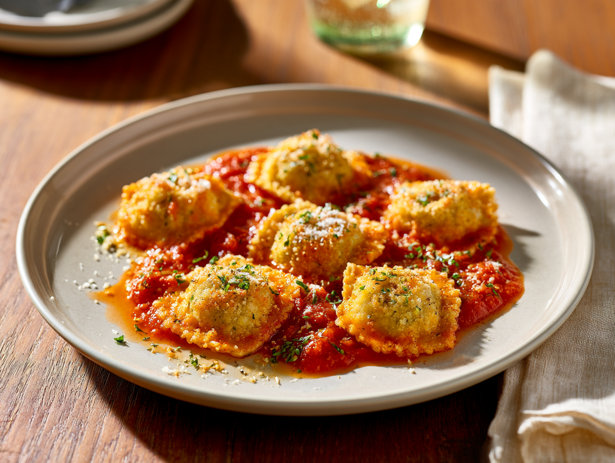 Keto Ravioli plated with marinara sauce