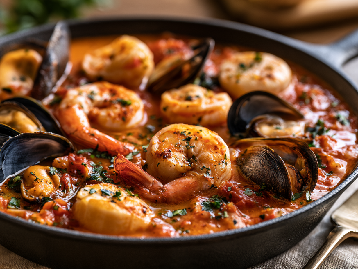 Keto Seafood Fra Diavolo in fiery tomato sauce